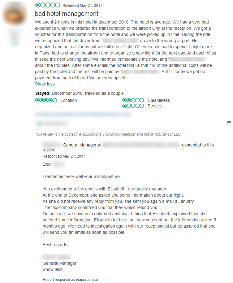 Negative Hotel Review response